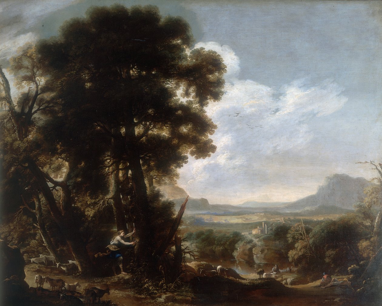 Hermina udskærer navnet Tancredi på et træ, værk af Salvatore Rosa, konserveret på Galleria Estense i Modena af Salvator Rosa
