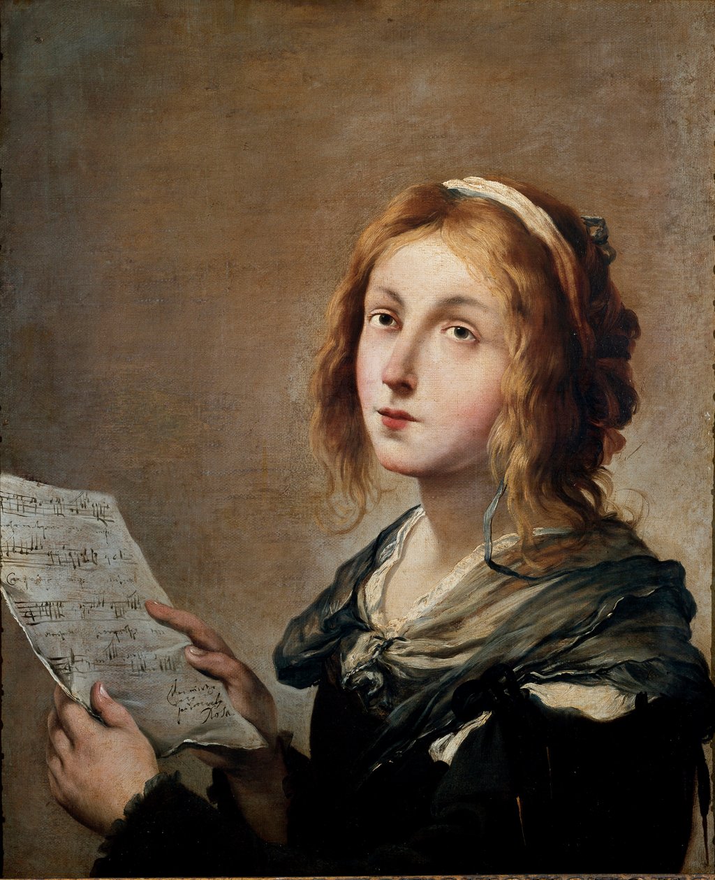 Musik Ung kvinde fra en meget beskeden social tilstand, legemliggørende musik, et partitur i hånden. Maleri af Salvator af Salvator Rosa