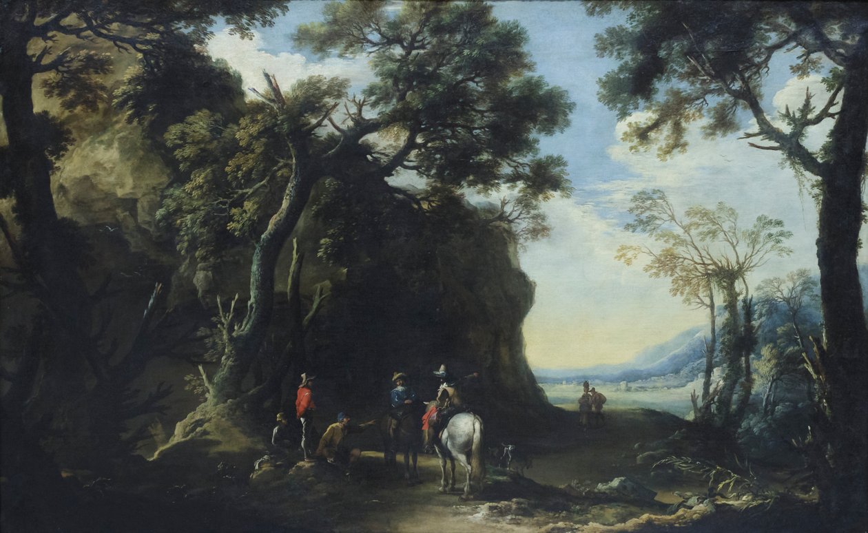 Landskab med rejsende, der spørger om vej, ca. 1641 (olie på lærred) af Salvator Rosa