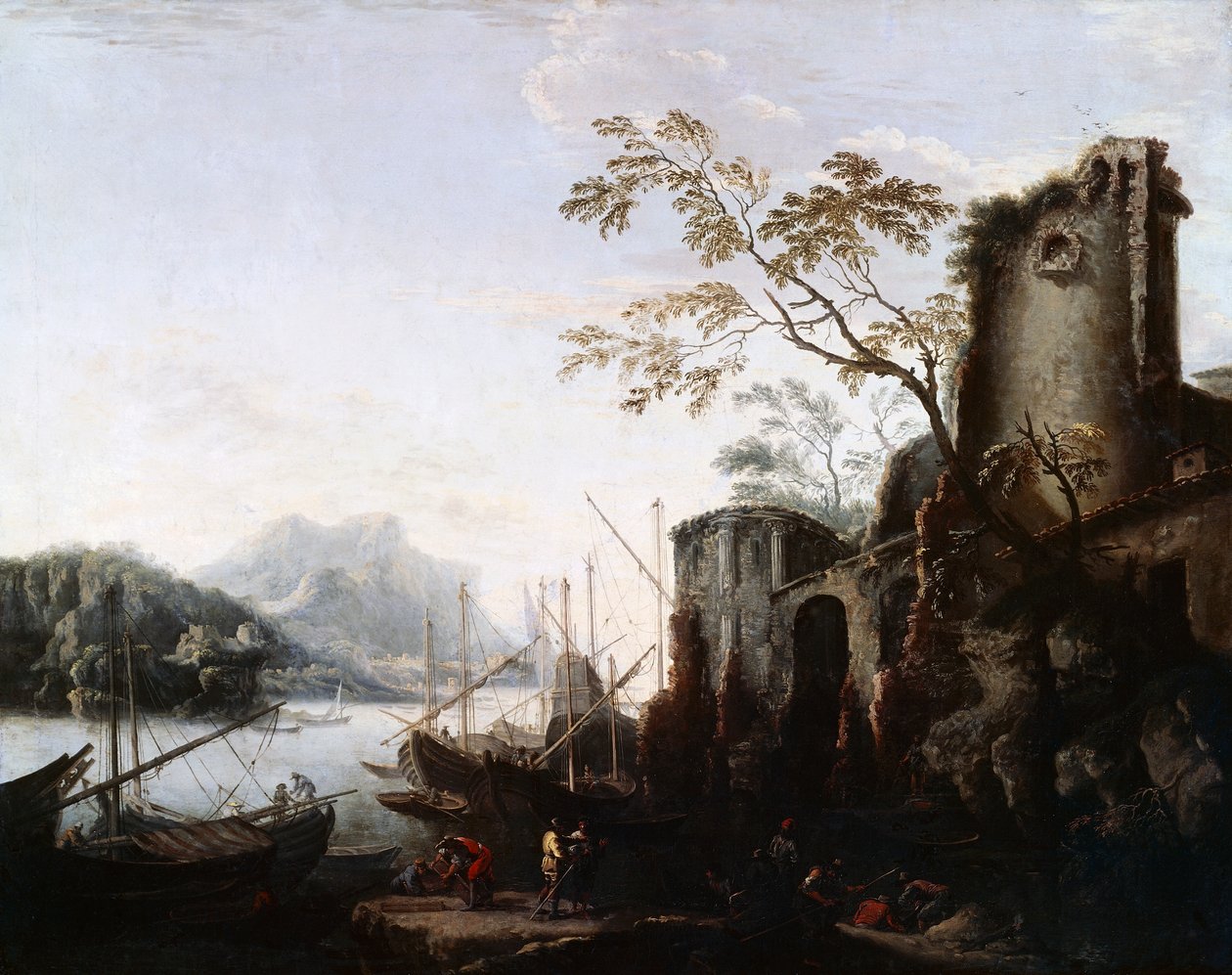 Marinelandskab med tårne med skibe og ruiner (Marine Landskab med tårne), ca. 1645, af Salvator Rosa