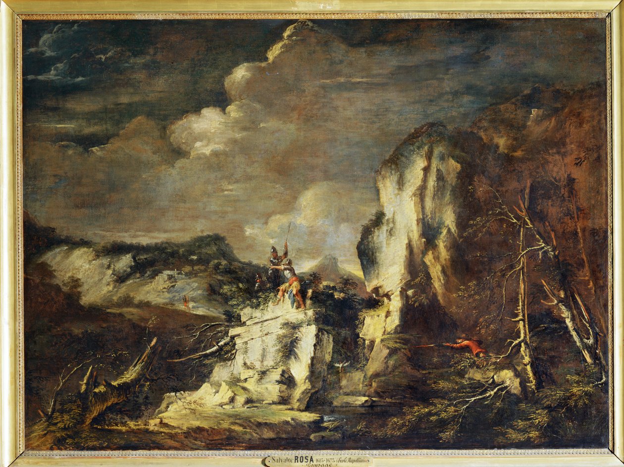 Klippelandskab med jæger og krigere - Et klippelandskab ... af Salvator Rosa