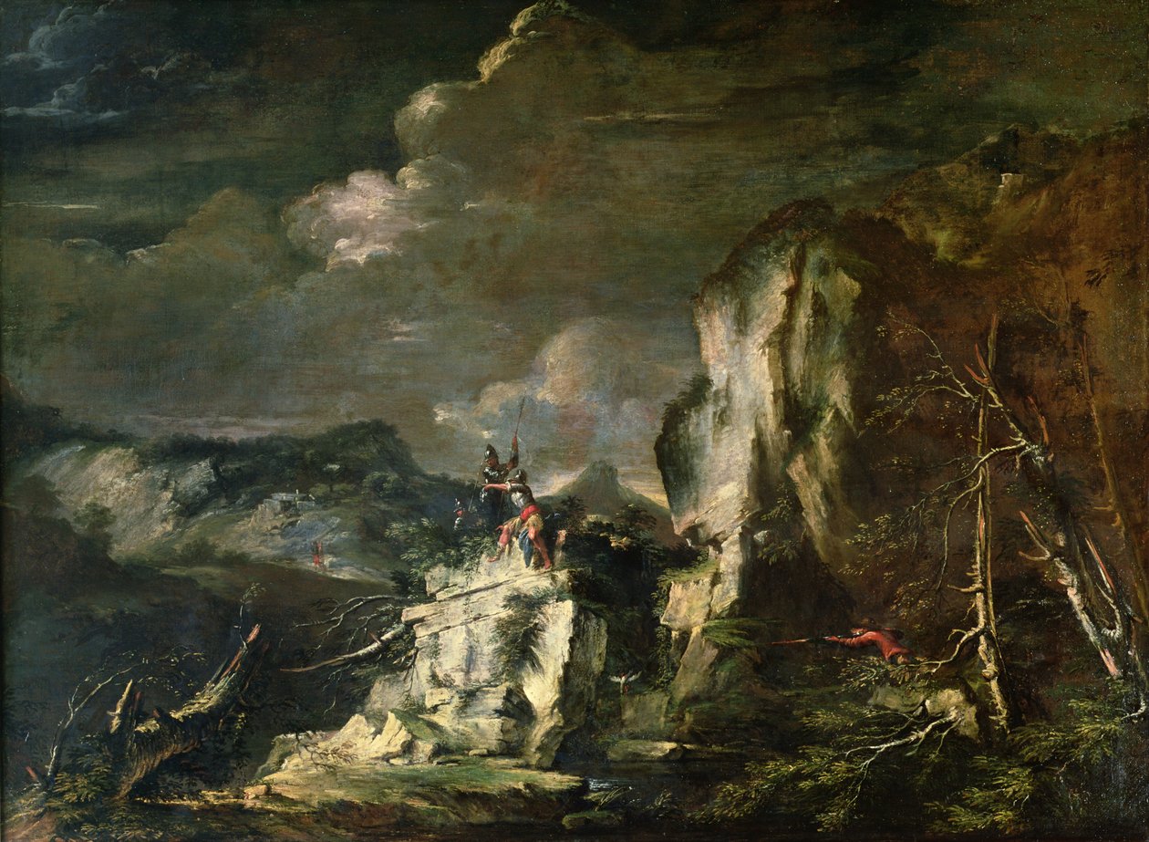 Klippelandskab med en jæger og krigere af Salvator Rosa