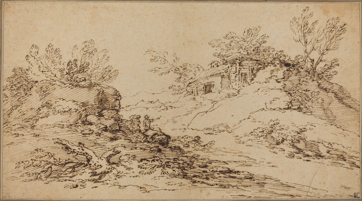 Klippelandskab med et rustikt hus af Salvator Rosa