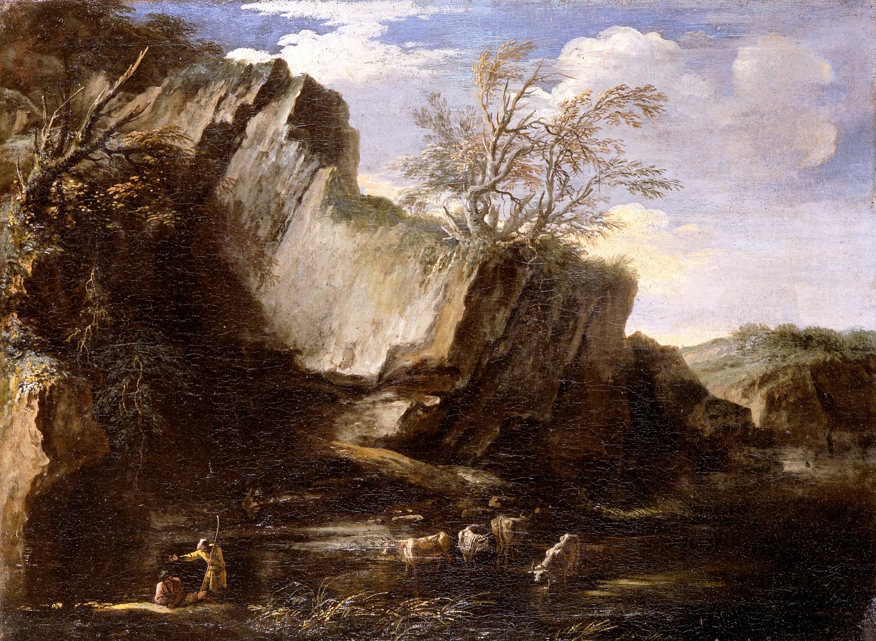 Klippelandskab med hyrder og kvæg af Salvator Rosa