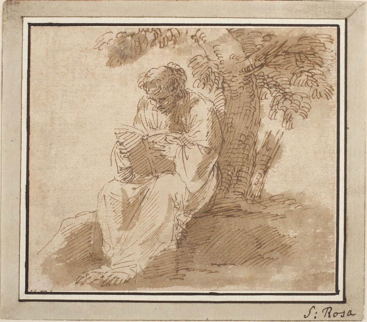 Siddende ung figur, der læser under et træ af Salvator Rosa
