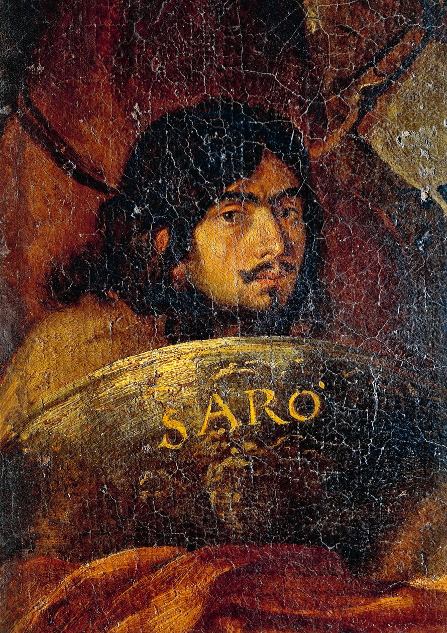 Selvportræt af maleren, detalje fra slaget mellem kristne og tyrkere, af Salvator Rosa (1613-1673), olie på lærred, 234x350 cm af Salvator Rosa