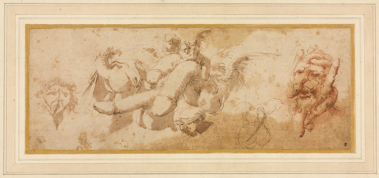 Ark med satiriske studier Amorini Riding Phalli, ca. 1650