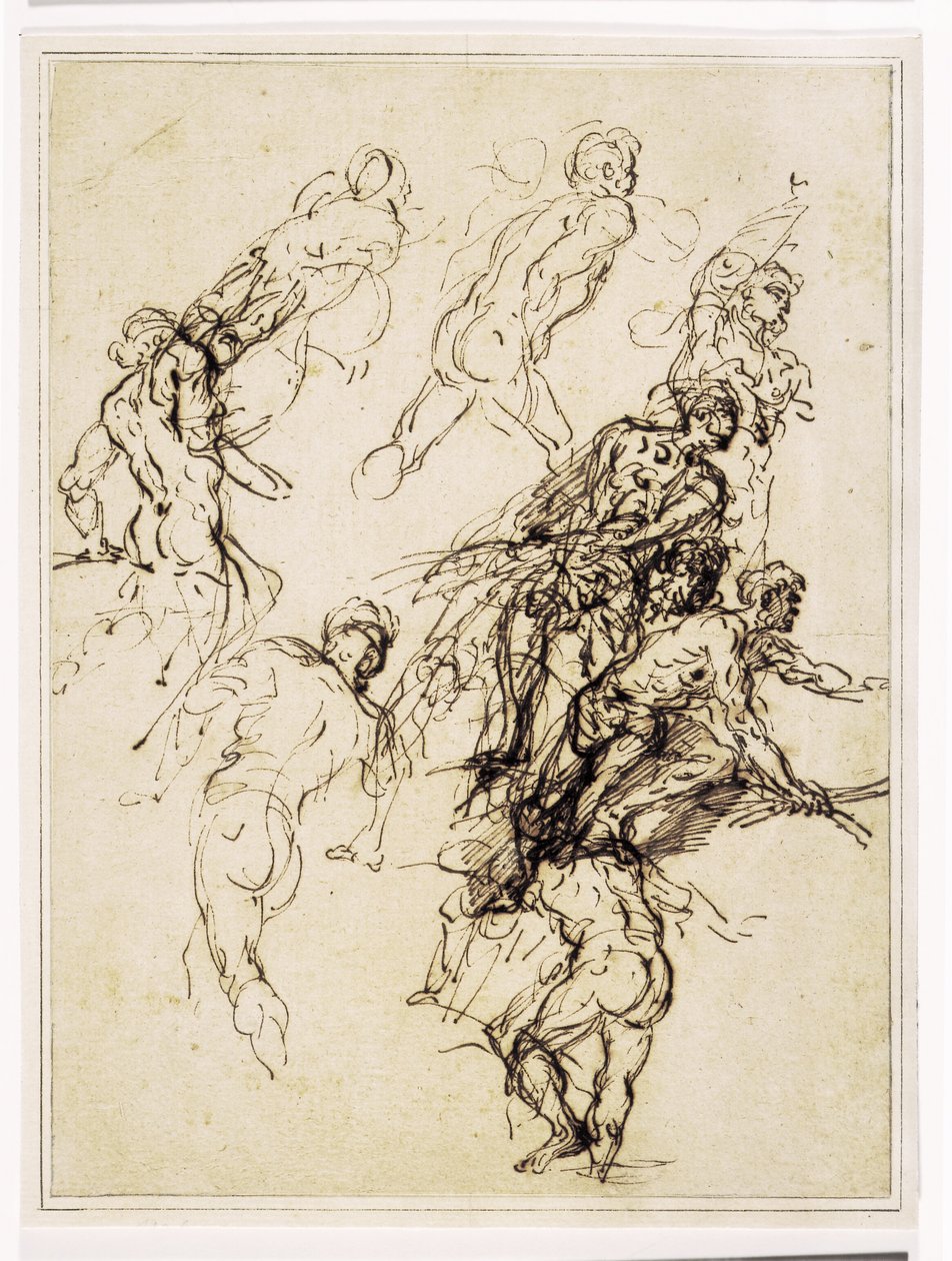 Skitser til mandlige figurer, der bevæger sig kraftigt til højre af Salvator Rosa