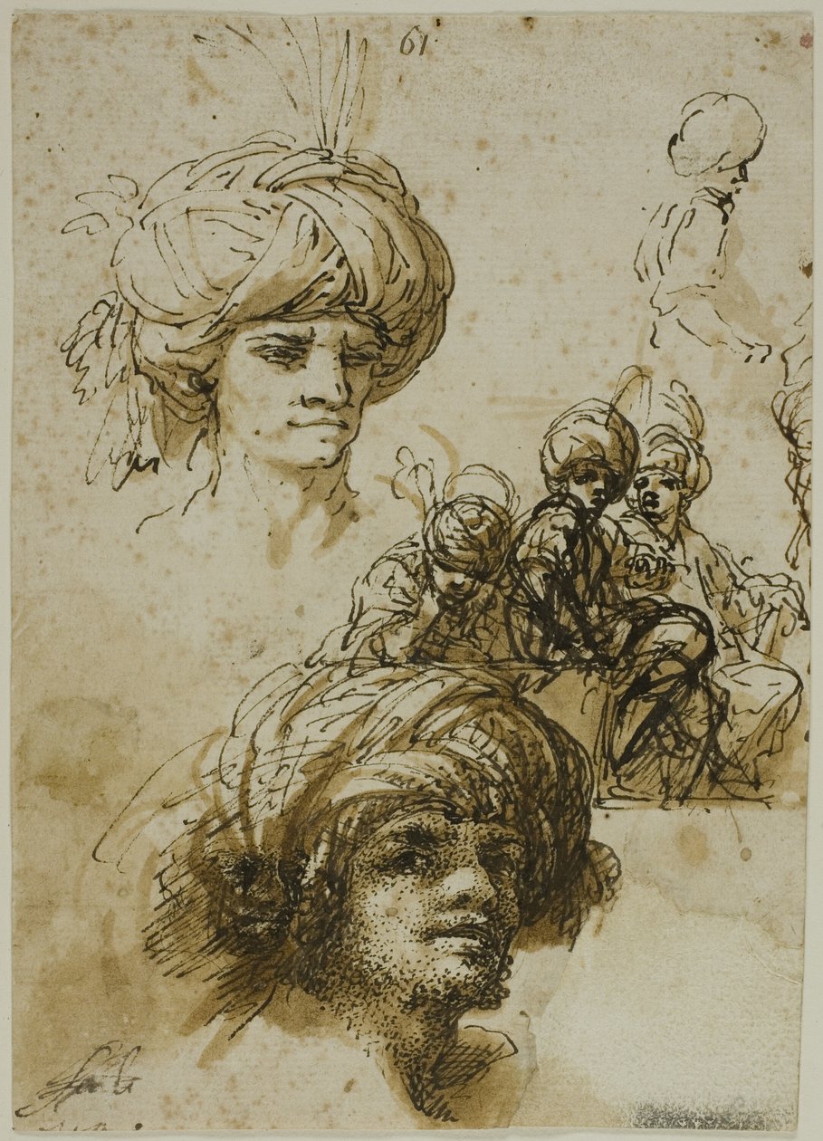 Skitser af turbanklædte mænd (recto); fragment af en figur og skitser af folieret arkitektonisk ornament (verso) af Salvator Rosa