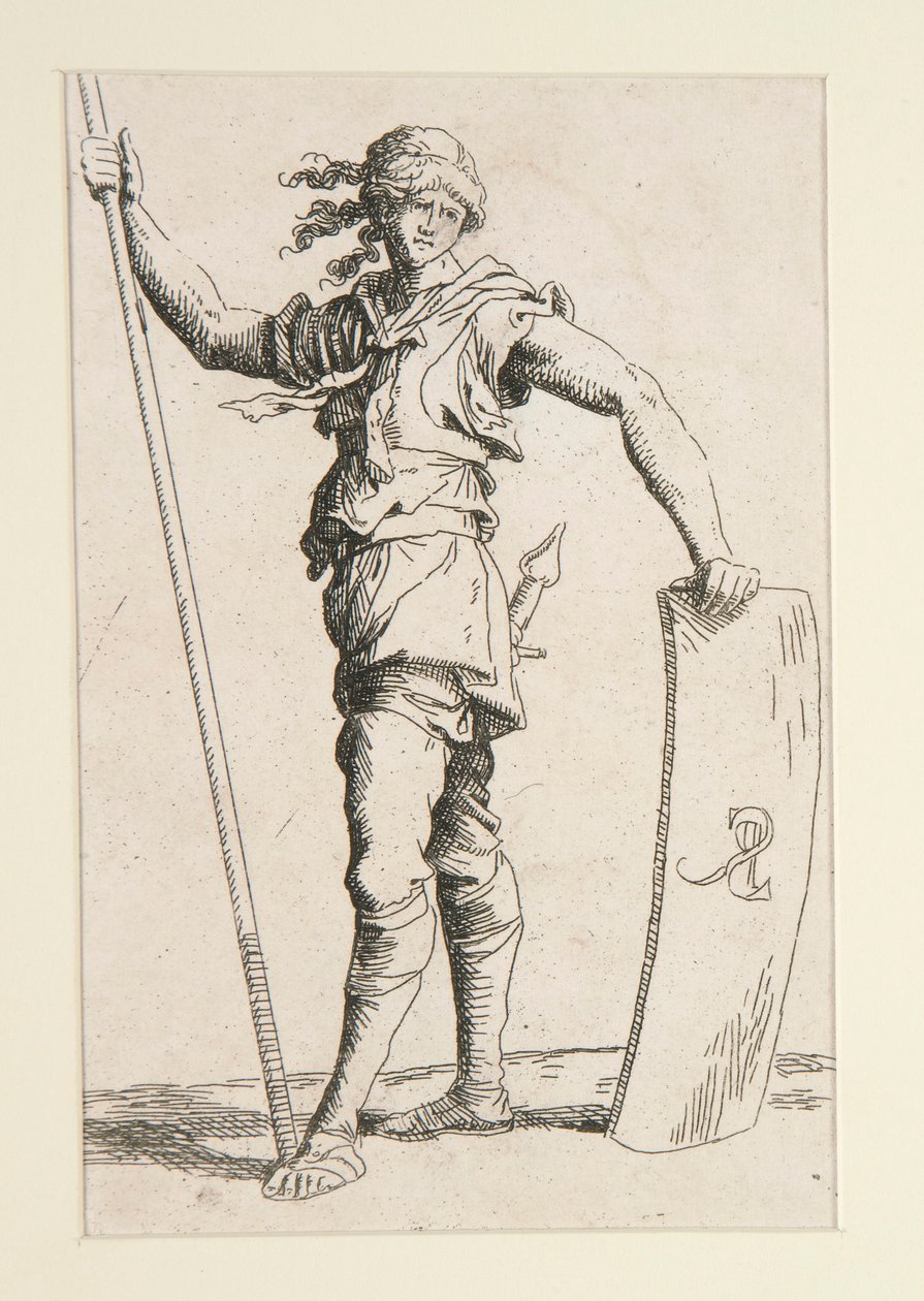 Soldat med lanse og skjold af Salvator Rosa