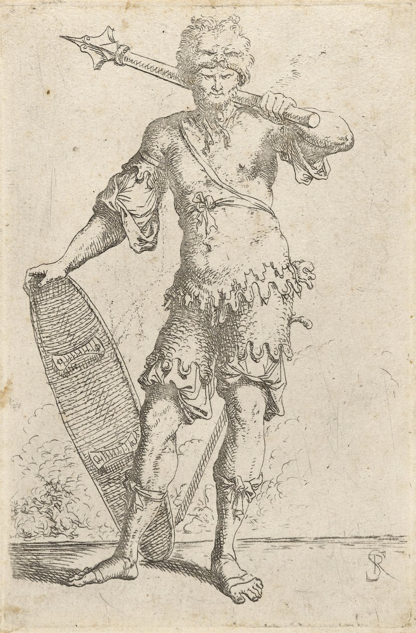 Stående eksotisk kriger med løvehovedkappe, der holder stridskølle og skjold, ca. 1656-57 (radering på bindet papir) af Salvator Rosa