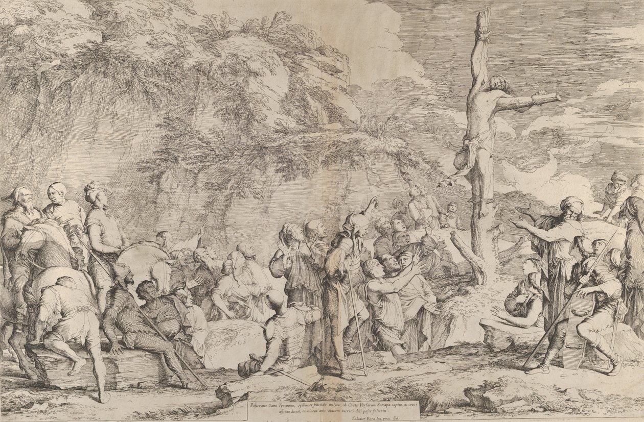 Korsfæstelsen af tyrannen Polykrates efter hans tilfangetagelse af perserne, ca. 1662. af Salvator Rosa