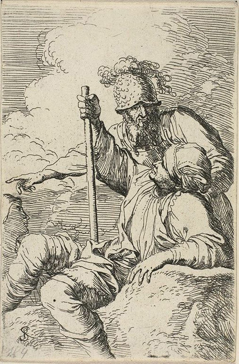 Tre krigere, den ene siddende på en klippe i forgrunden med en stav; den anden står bag ham og peger, den tredje set som et ansigt bag dem, fra Figurine-serien af Salvator Rosa