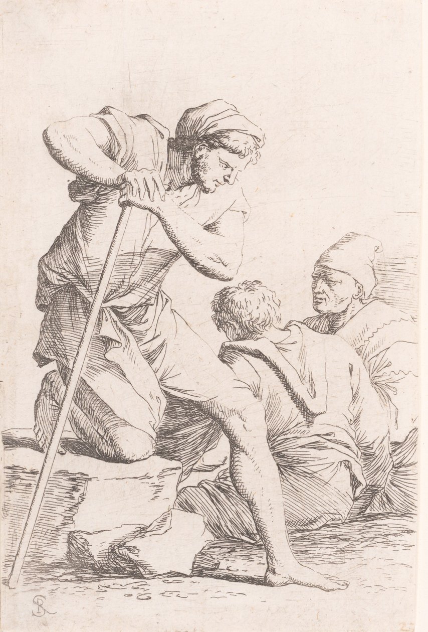 To mænd sidder og en anden mand holder en stav knælende på en sten, fra serien..., ca. 1656-1657. af Salvator Rosa