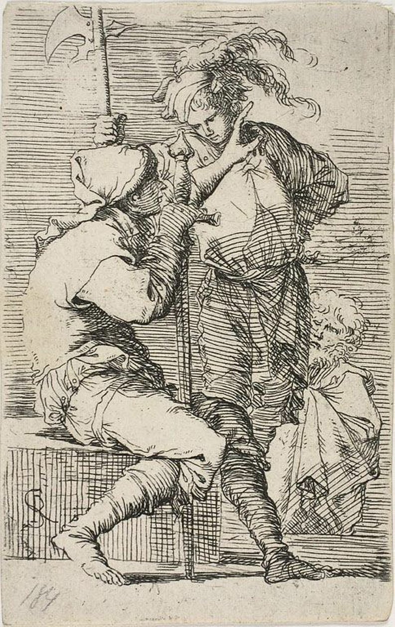 To krigere, den ene med et sværd, den anden en hellebard; en gammel skægget mand bag dem, fra Figurine af Salvator Rosa