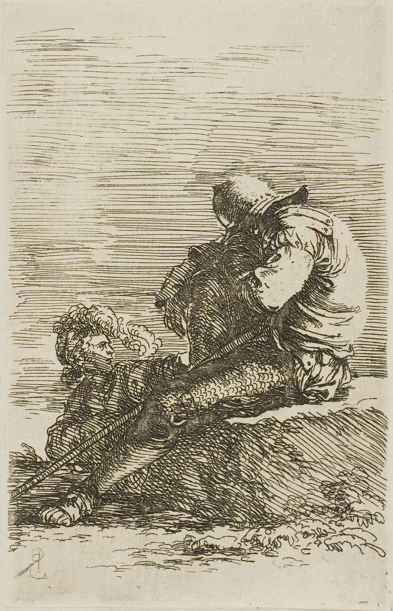To krigere, den ene sidder og sover på en klippe i forgrunden, fra Figurine-serien af Salvator Rosa