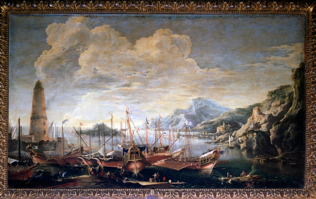Udsigt over en havn - olie på lærred af Salvator Rosa