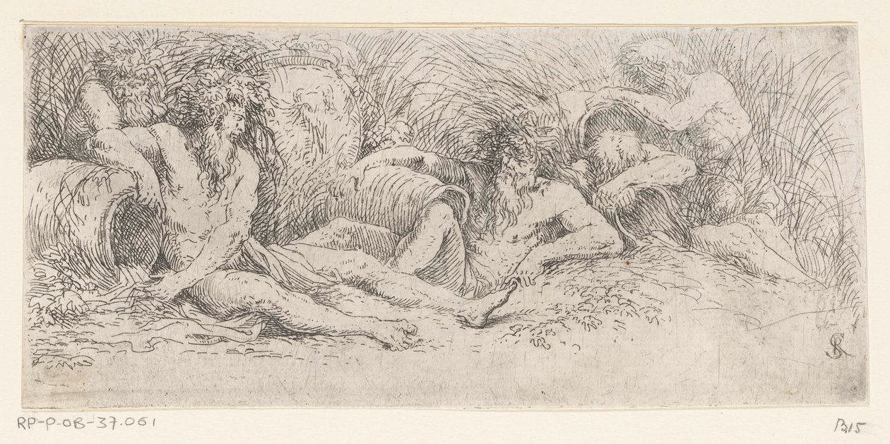 Fem flodguder med urner Tritons and River Gods (serietitel) af Salvator Rosa