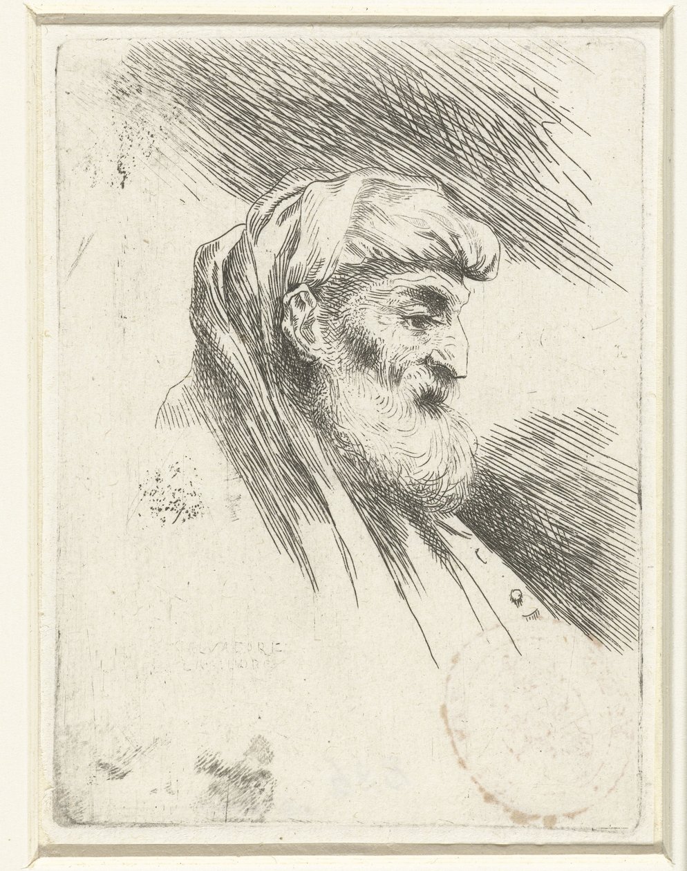 Hoved af en gammel mand med skæg Lille undersøgelse af hoveder med orientalsk hovedbeklædning (serietitel) af Salvatore Castiglione (signed by artist)