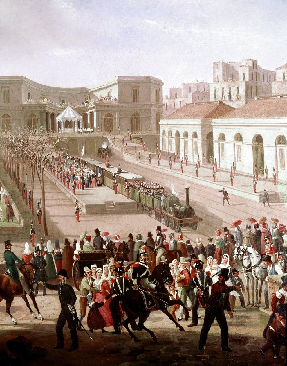 Indvielse af jernbanelinjen mellem Napoli og Portici i 1839 i nærværelse af kong Ferdinand II (Indvielse af jernbanelinjen mellem Napoli og Portici i 1839) Detalje - Maleri af Salvatore Fergola (1799-1877) Museo Nazionale di San Martino Nap af Salvatore Fergola