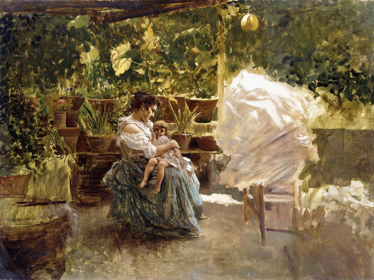En mor med sit barn på en veranda (olie på lærred) af Salvatore Postiglione
