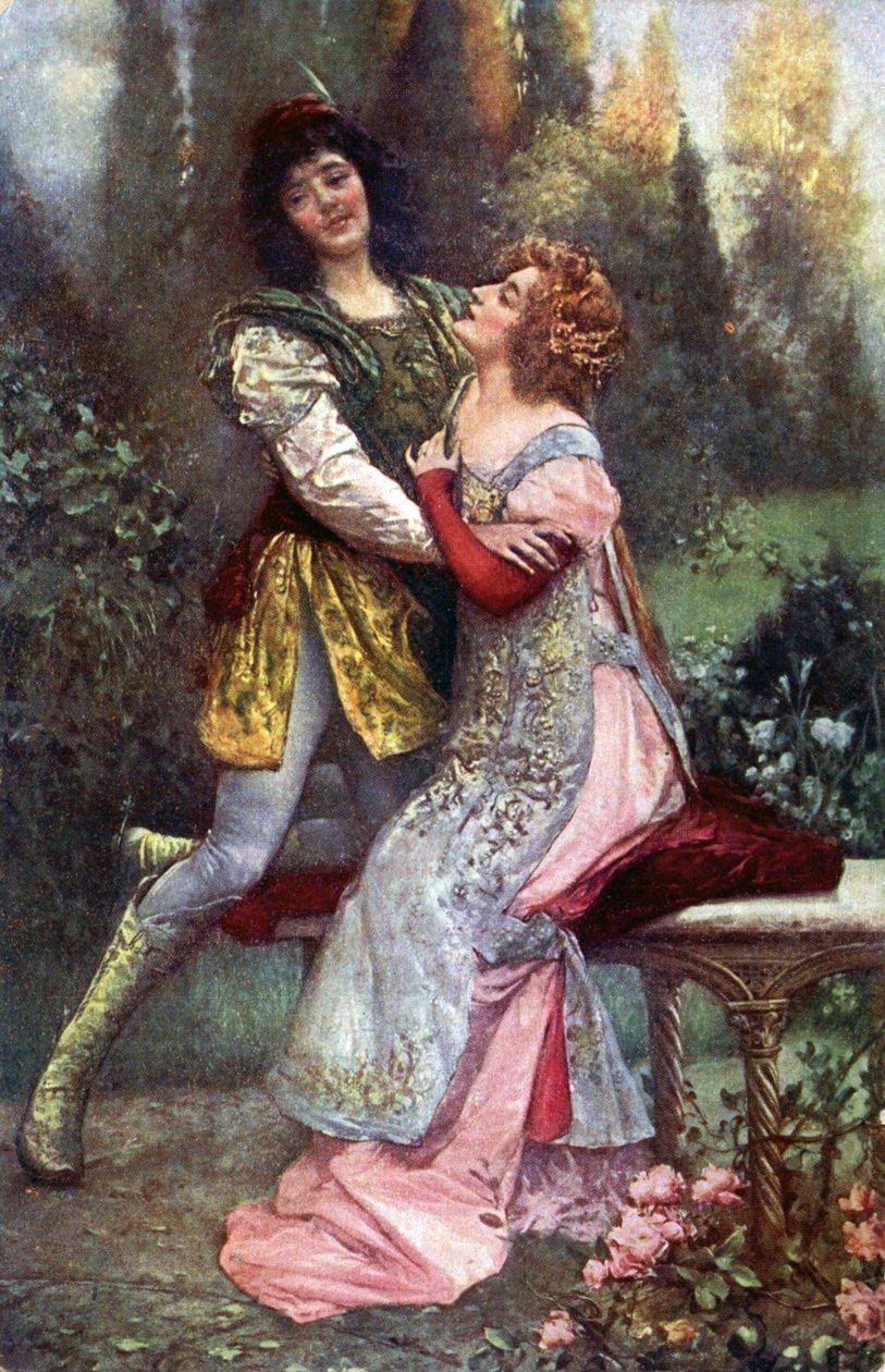 Litteratur. Francesca da Rimini og Paolo Malatesta. Illustration inspireret af S. Postiglione i: The Divine Comedy, af Dante Alighieri, Tjekkiet, ca. 1910 (postkort) af Salvatore Postiglione