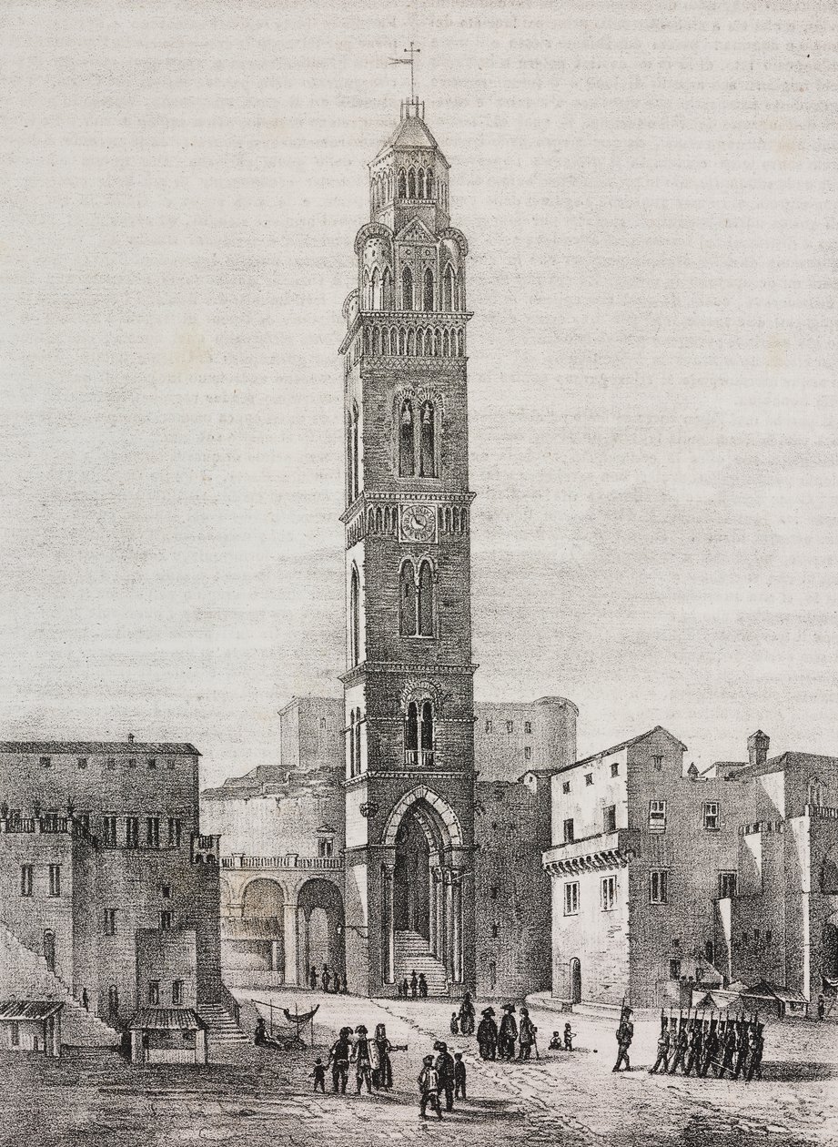 Klokketårn i Gaeta-katedralen, Lazio, Italien, litografi af Salvatore Puglia efter tegning af Pasquale Mattei (1813-1879), fra Poliorama Pittoresco, n 48, 6. juli af Salvatore Puglia