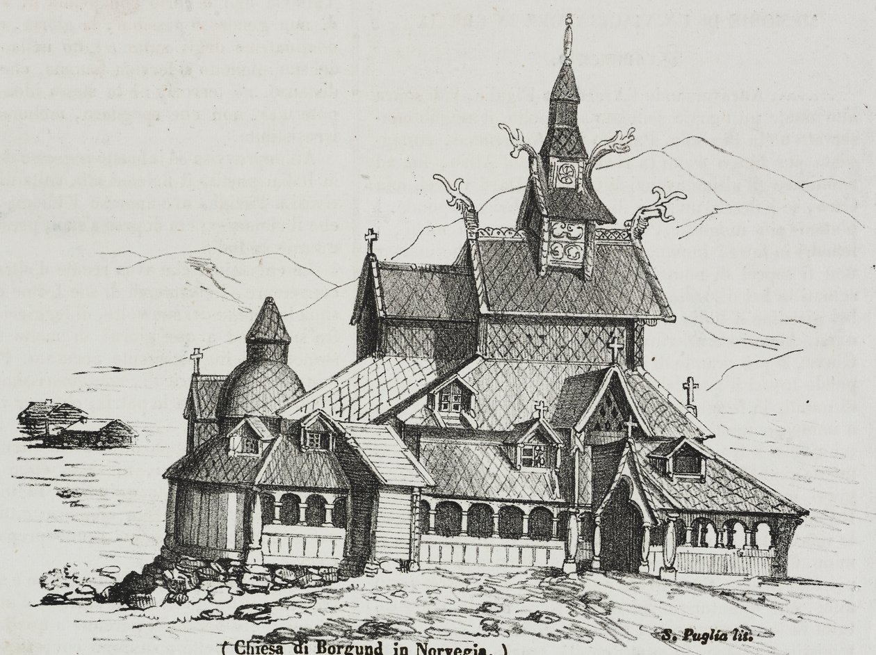 Borgund Stavkirke, Norge, litografi af Salvatore Puglia fra Poliorama Pittoresco, n 40, 14. maj af Salvatore Puglia