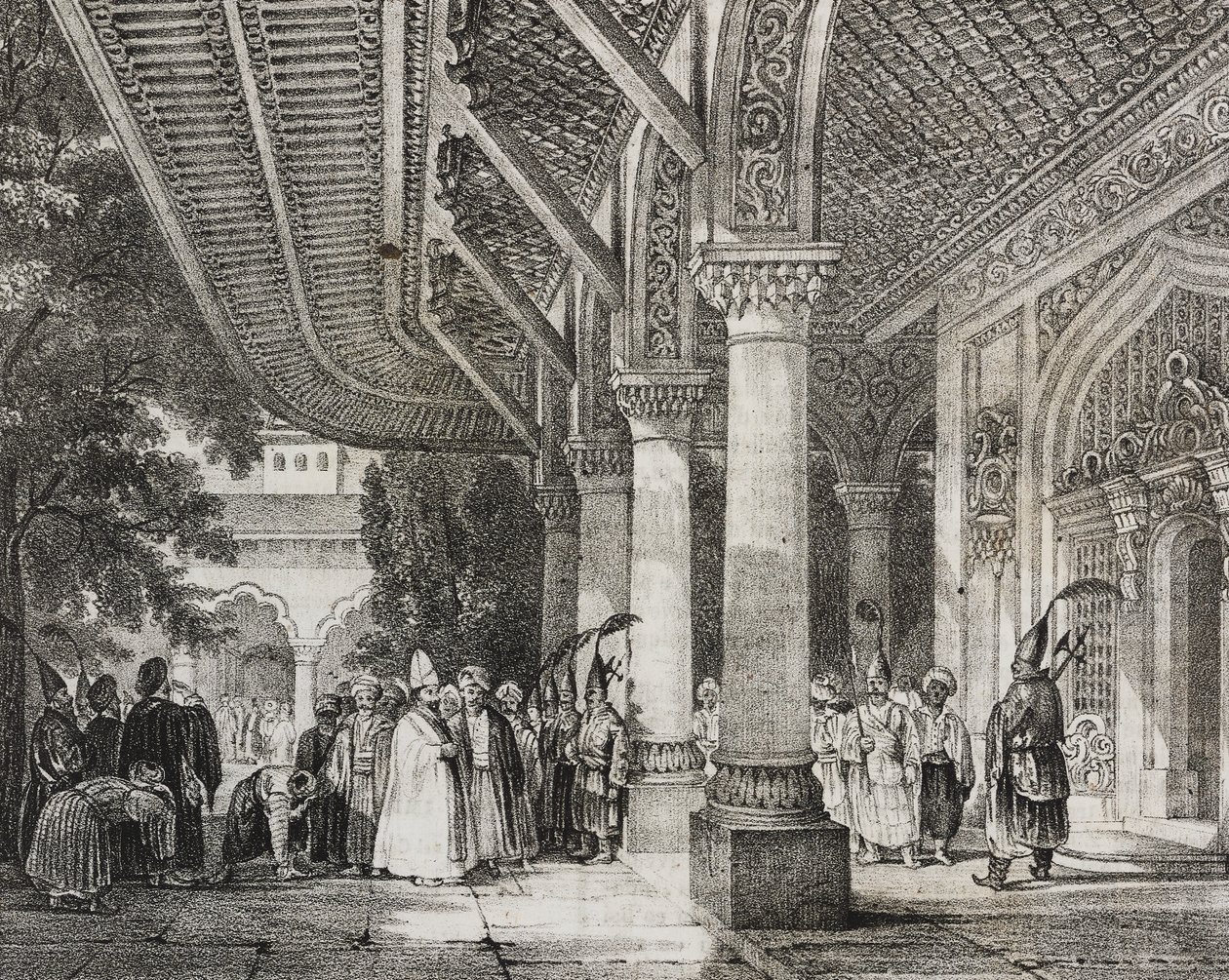 Entré i Serraglio, Tyrkiet, fra historieharem i øst, litografi fra Poliorama Pittoresco, n 12, 28. oktober af Salvatore Puglia