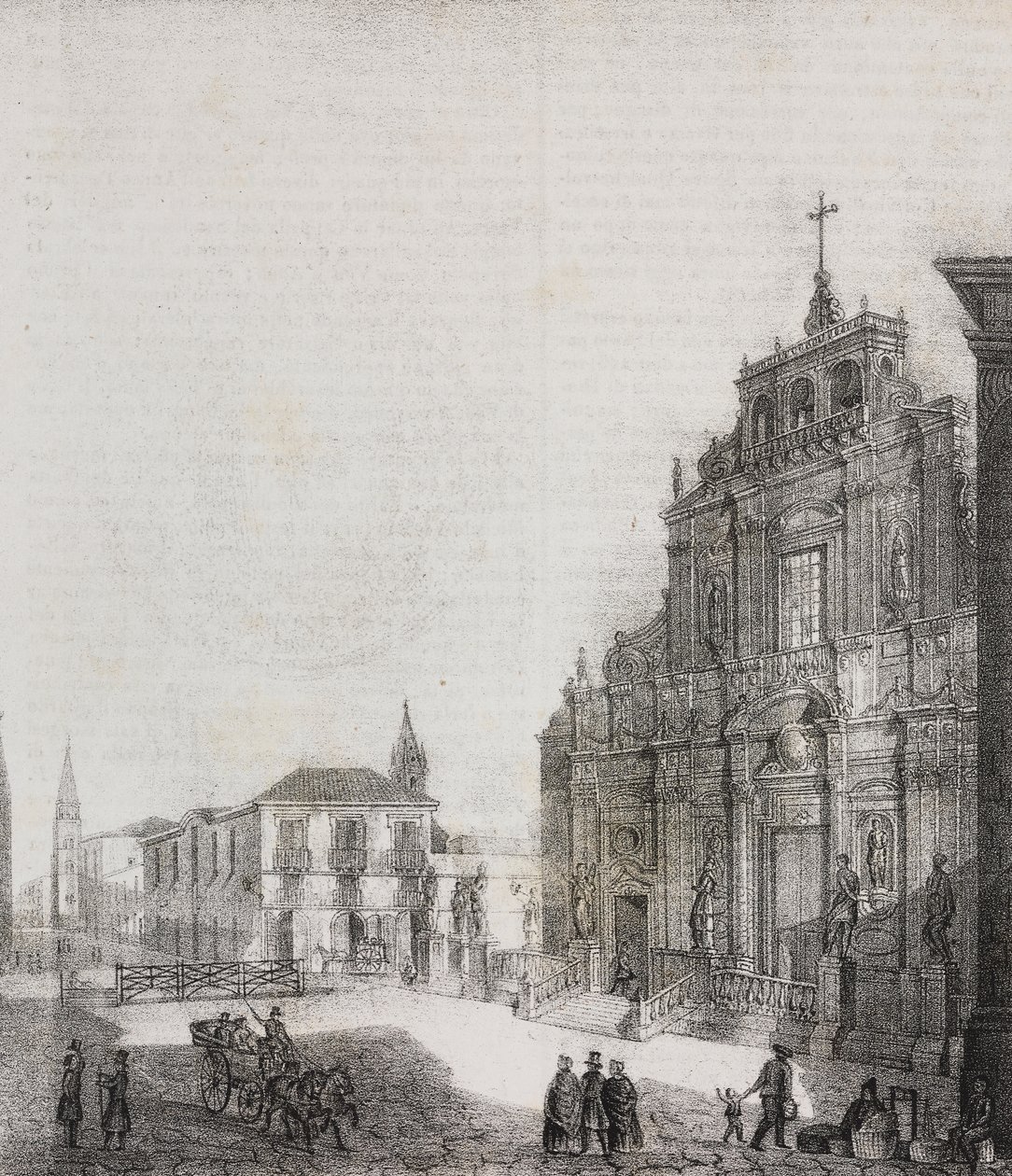 Facade af Basilica of San Sebastiano i Acireale, Sicilien, Italien, litografi af Salvatore Puglia fra Poliorama Pittoresco, n 39, 3. maj af Salvatore Puglia