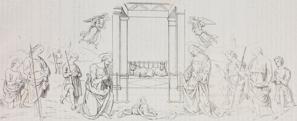 Fontignano Nativity, tilbedelse af hyrder, litografi af Salvatore Puglia efter maleri af Pietro Perugino (cirka 1450-1523) fra Poliorama Pittoresco, n 42, 24. maj af Salvatore Puglia