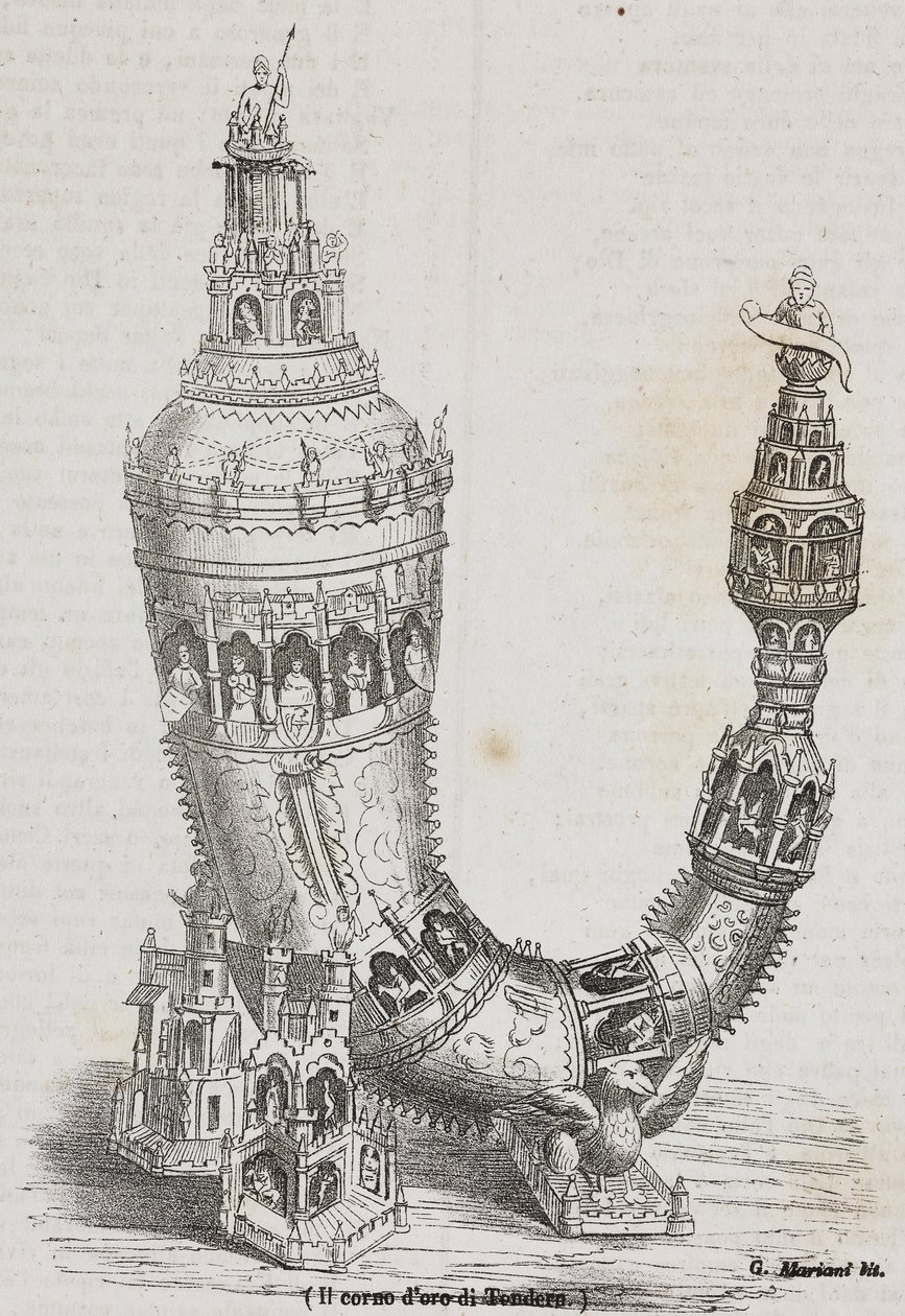 Tønders gyldne horn, Danmark, litografi af Salvatore Puglia fra Poliorama Pittoresco, n 24, 20. januar af Salvatore Puglia
