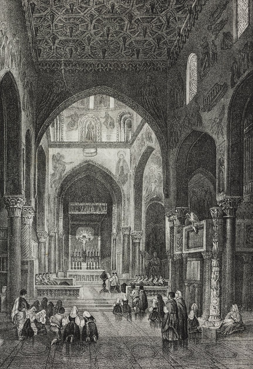Interiør af Palatine Chapel i Palazzo dei Normanni eller Royal Palace i Palermo, Sicilien, Italien, litografi af Salvatore Puglia fra Poliorama Pittoresco, n 41, 21. maj af Salvatore Puglia