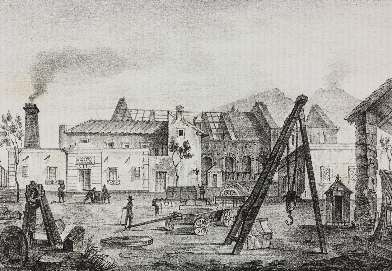 Kongelig mekanisk fabrik (Royal Mechanical Factory) i Pietrarsa, Campania, Italien, litografi af Gaetano Riccio fra Poliorama Pittoresco, n 39, 7. maj af Salvatore Puglia