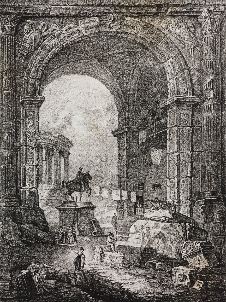 Romerske ruiner, maleri af Hubert Robert (1733-1808), litografi af Salvatore Puglia fra Poliorama Pittoresco, n 28, 17. februar af Salvatore Puglia