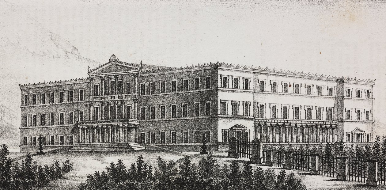Royal Palace i Athen, Grækenland, litografi af Salvatore Puglia fra Poliorama Pittoresco, n 5, 9. september af Salvatore Puglia
