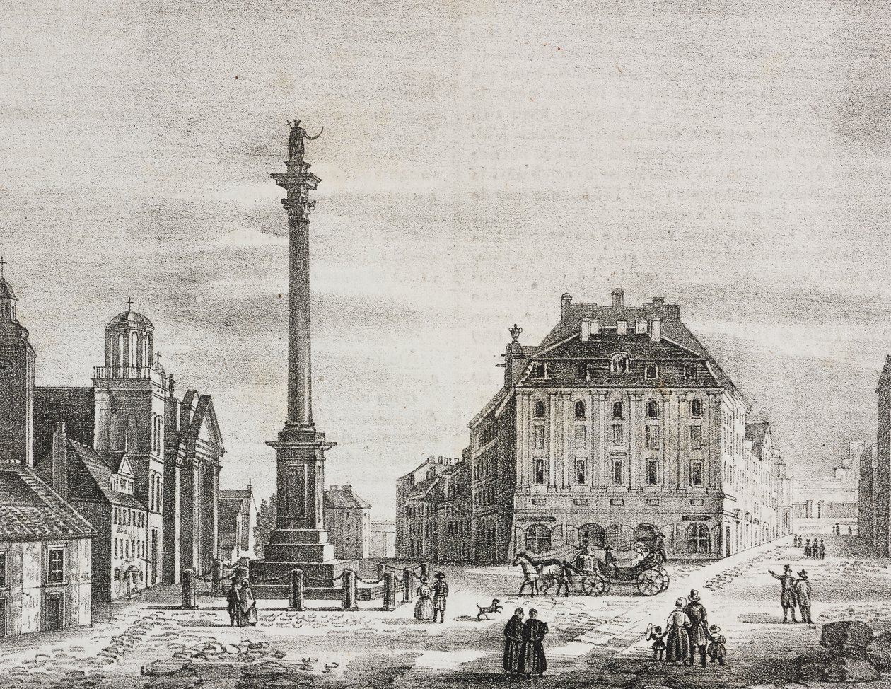 Sigismonds søjle, til minde om kong Sigismund III Vasa (1566-1632), Warszawa, Polen, litografi af Salvatore Puglia fra Poliorama Pittoresco, n 46, 21. juni af Salvatore Puglia