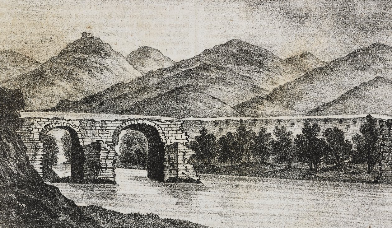 Den knækkede bro nær Capua, Campania, Italien, litografi af Salvatore Puglia fra Poliorama Pittoresco, n 23, 13. januar af Salvatore Puglia