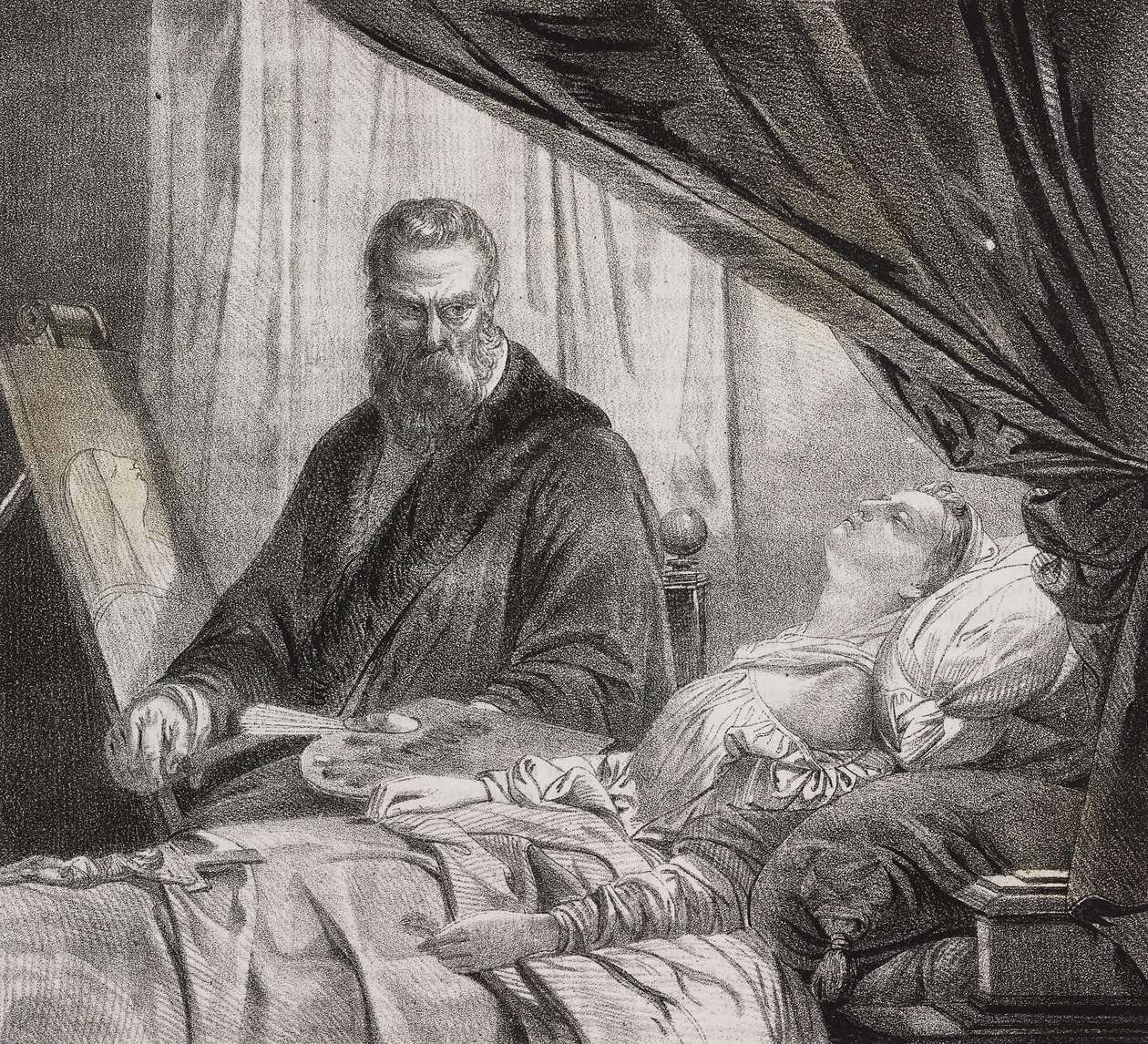 Tintoretto maler sin døde datter, litografi af Salvatore Puglia fra Poliorama Pittoresco, n 27, 10 februar af Salvatore Puglia