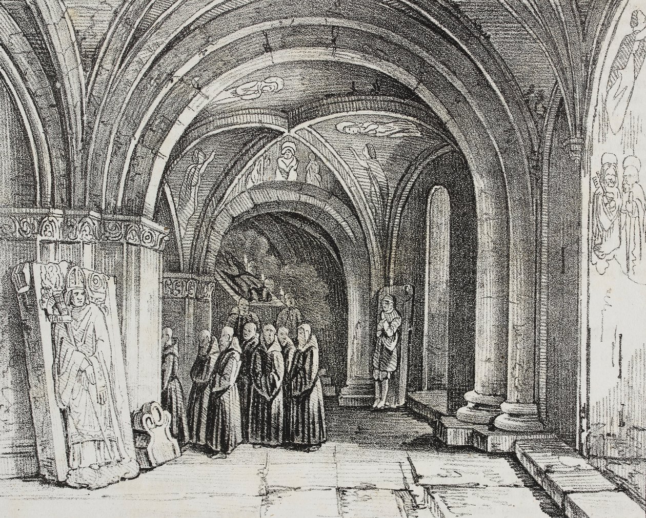 Underjordisk kirke i Basel Cathedral, Schweiz, litografi af Salvatore Puglia fra Poliorama Pittoresco, n 50, 22. juli af Salvatore Puglia