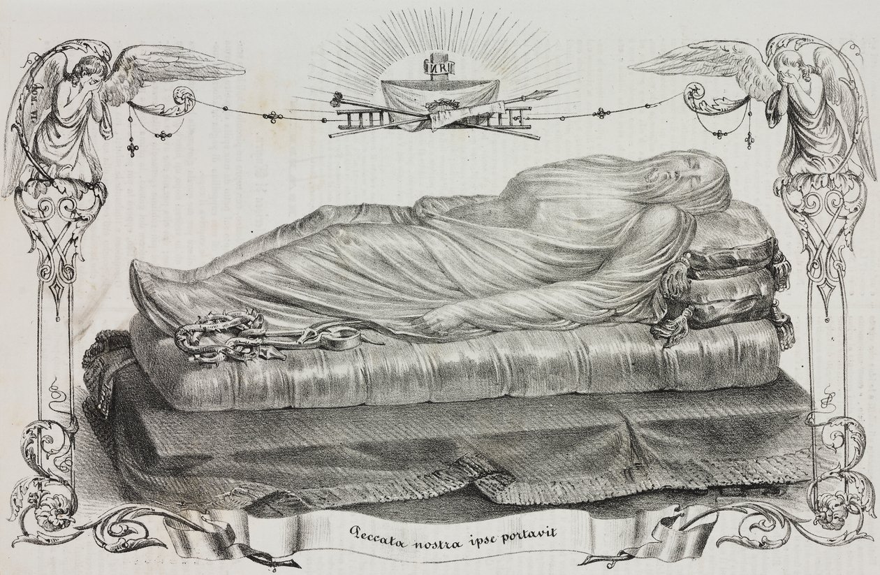 Veiled Christ af Giuseppe Sanmartino (ca. 1720-1793), Cappella Sansevero, Napoli, Campania, Italien, litografi af Salvatore Puglia fra Poliorama Pittoresco, n 33, 26. marts af Salvatore Puglia