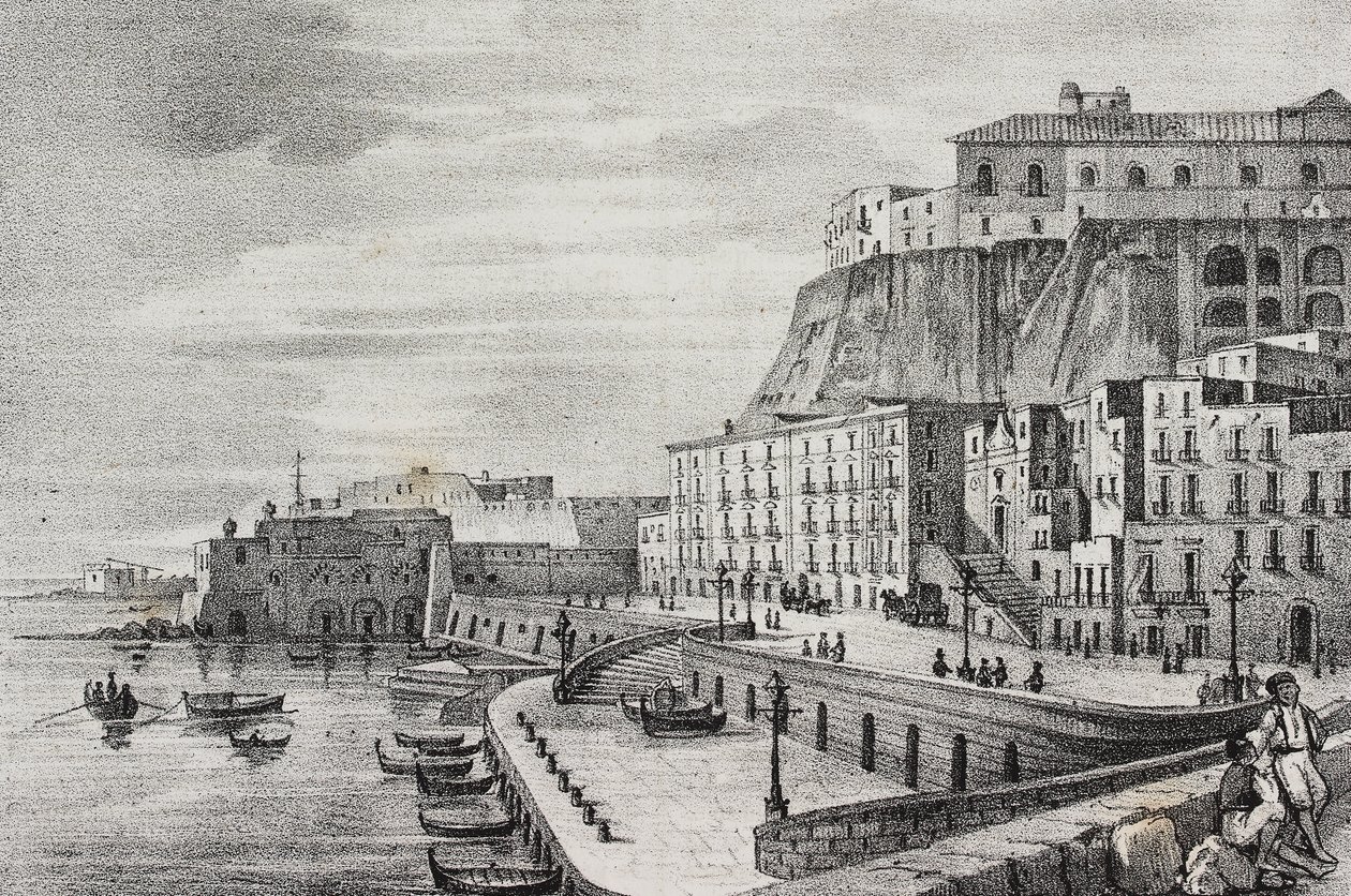Udsigt over Borgo Santa Lucia, Napoli, Campania, Italien, litografi af Salvatore Puglia fra Poliorama Pittoresco, n 36, 15. april af Salvatore Puglia