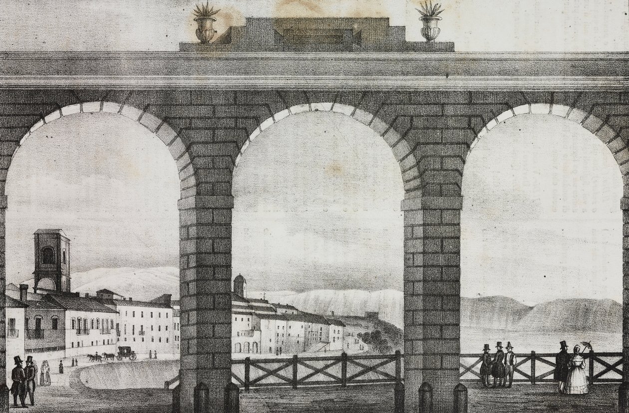 Udsigt over Chieti fra Piazza Grande, Italien, litografi af Salvatore Puglia fra Poliorama Pittoresco, n 2, 21. august af Salvatore Puglia