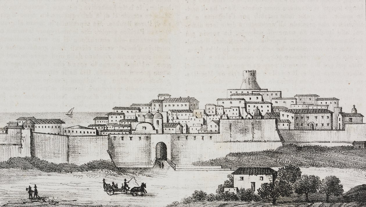 Udsigt over Crotone, Calabrien, Italien, litografi af Salvatore Puglia fra Poliorama Pittoresco, n 12, 26. oktober af Salvatore Puglia