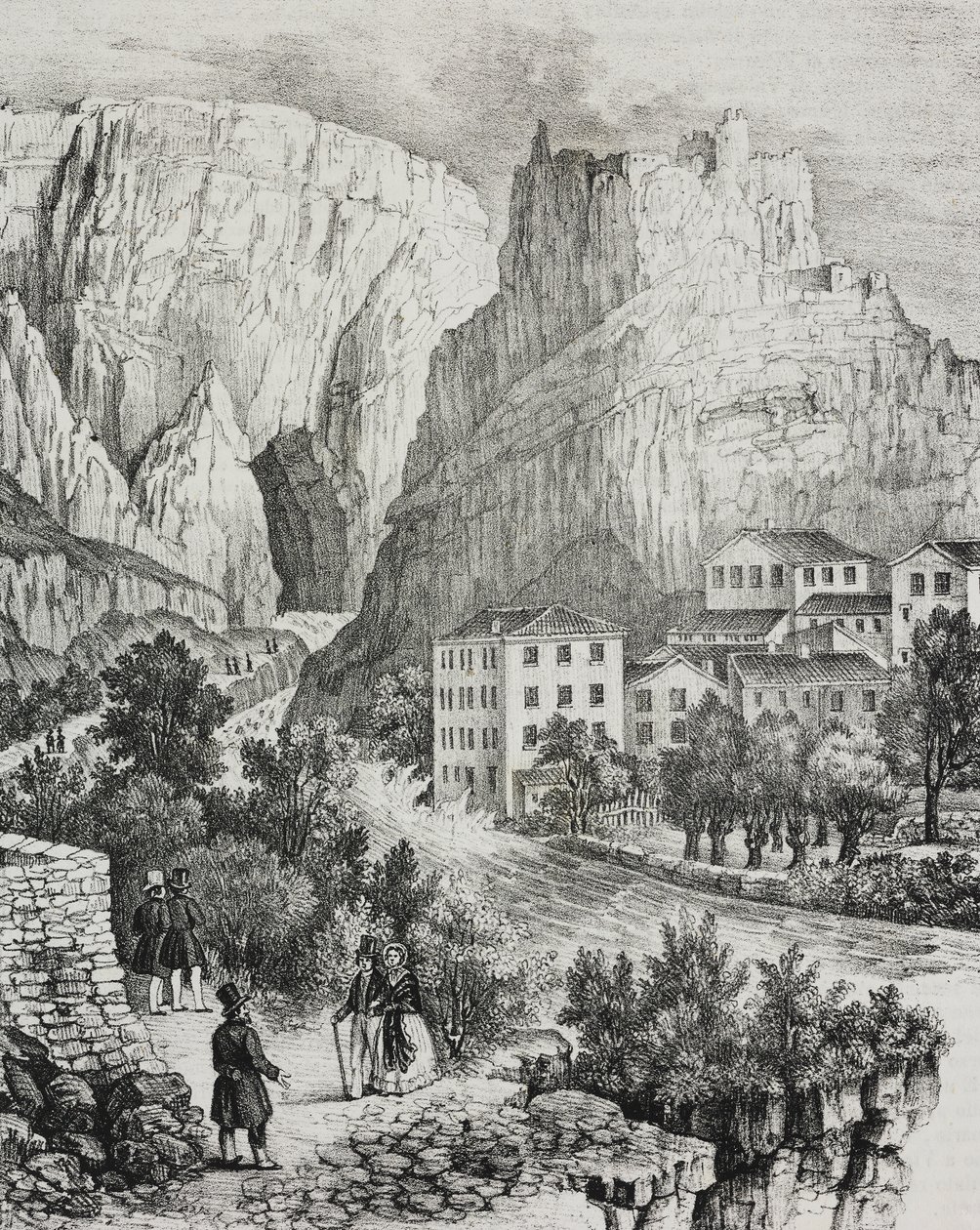 Udsigt over Fontaine-de-Vaucluse, Frankrig, litografi af Sardi fra Poliorama Pittoresco, n 51, 30. juli af Salvatore Puglia