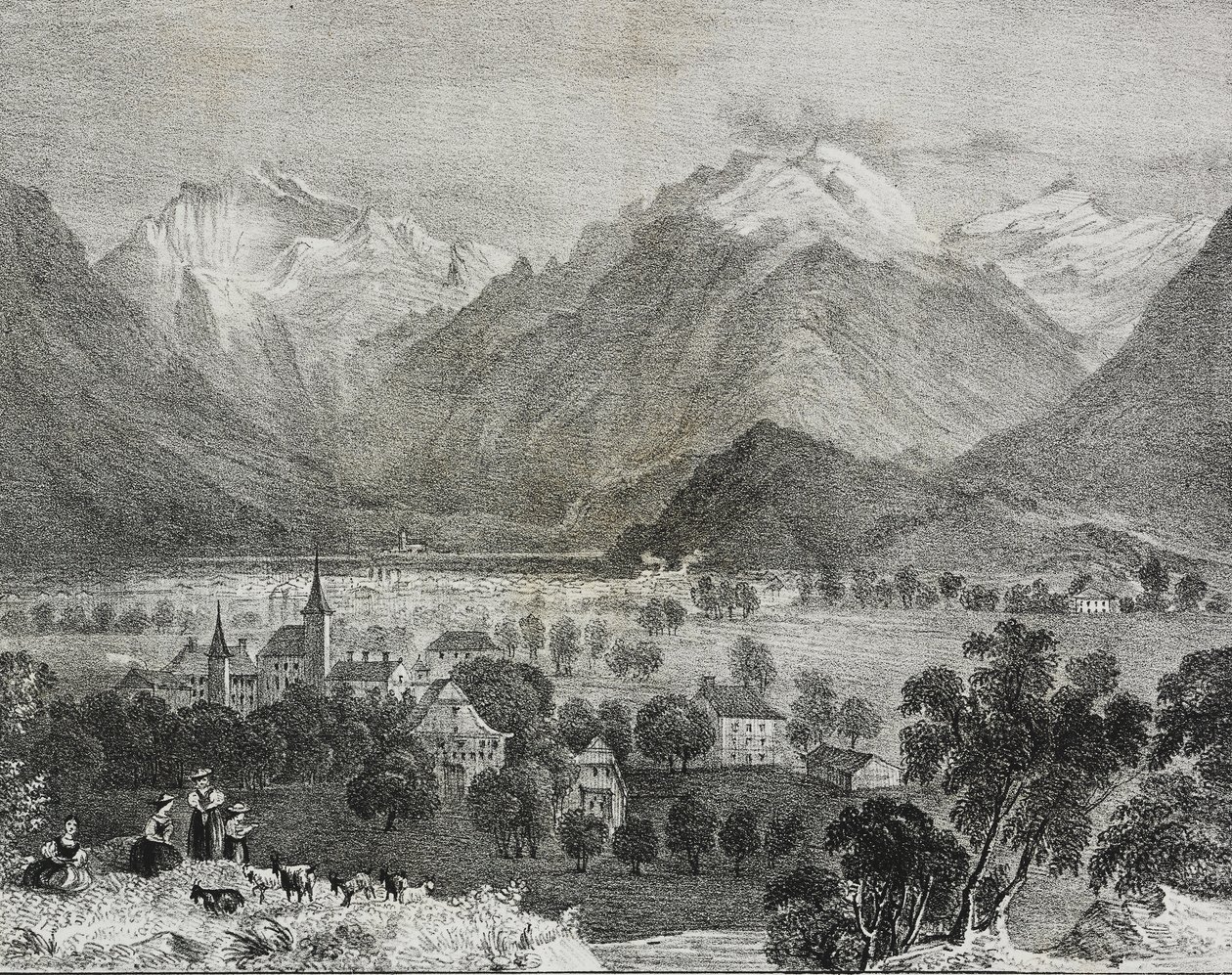 Udsigt over Interlaken, Schweiz, litografi af Salvatore Puglia fra Poliorama Pittoresco, n 36, 16. april af Salvatore Puglia