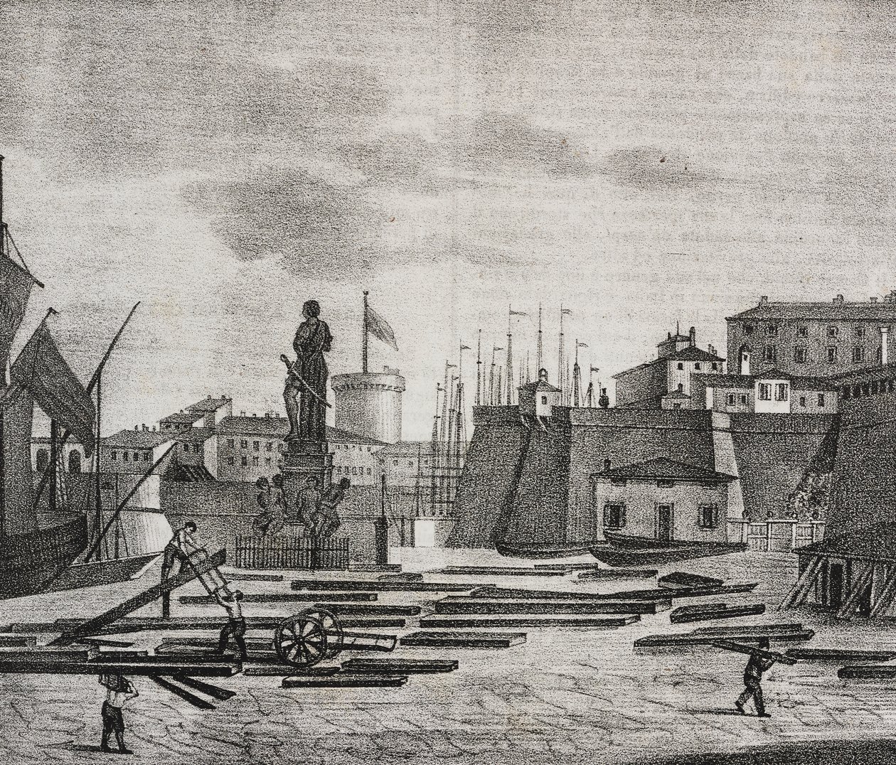 Udsigt over Livorno dock, Toscana, Italien, litografi af Salvatore Puglia fra Poliorama Pittoresco, n 38, 26. april af Salvatore Puglia