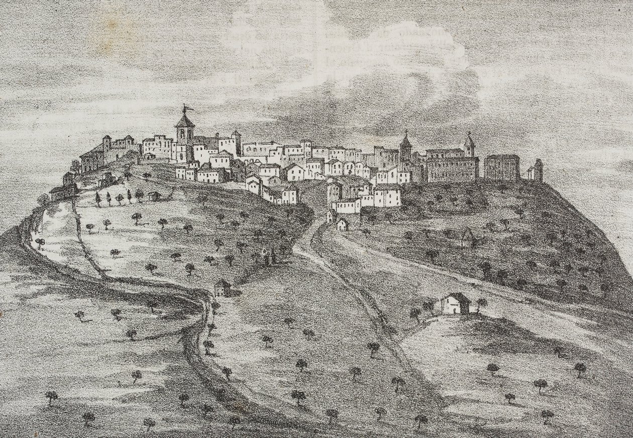 Udsigt over Montefuscolo, i dag Montefusco, Campania, Italien, litografi af Salvatore Puglia fra Poliorama Pittoresco, n 41, 20. maj af Salvatore Puglia