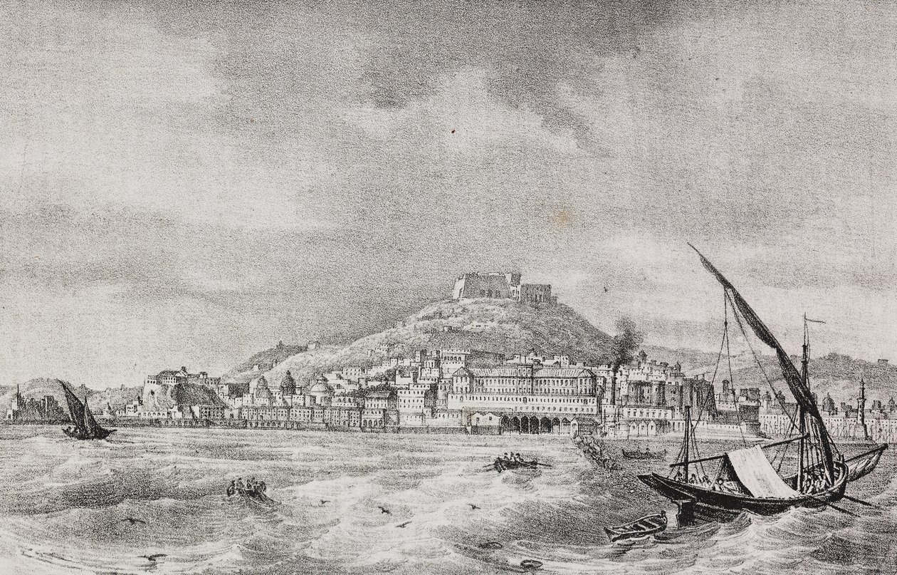 Udsigt over Napoli fra havet, Campania, Italien, litografi af Salvatore Puglia fra Poliorama Pittoresco, n 2, 17. august af Salvatore Puglia