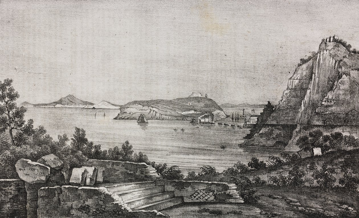 Udsigt over Posillipo fra monsignor Di Pietros terrasse, Campania, Italien, litografi af Salvatore Puglia fra Poliorama Pittoresco, n 32, 16. marts af Salvatore Puglia